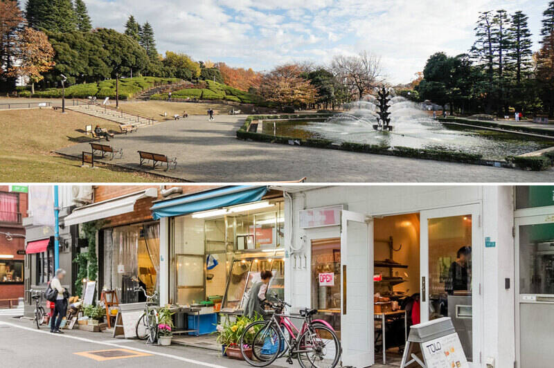 <b>上・</b>今回ご紹介するのは、世田谷区で最も広い公園「世田谷公園」にほど近い物件（徒歩４分）。／<b>下・</b>駅前商店街や駅から物件までの道中には気になるお店がちらほら。写真に写っているのは有名ベーカリー「TOLO PAN TOKYO（トロパントウキョウ）」。詳しいスポットについては後半にて！