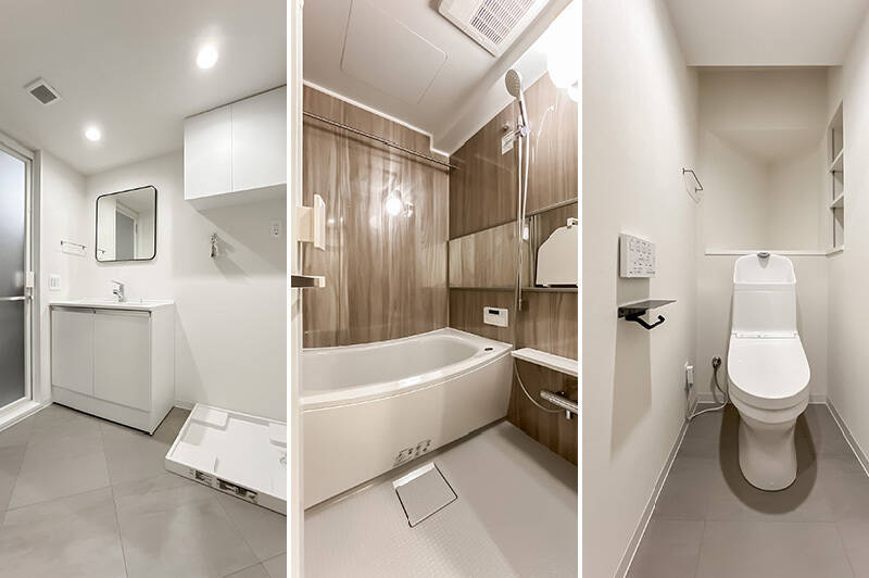 <b>左・</b>洗面室はミニマルな造り。丸みを帯びたスクエアのミラーがアクセントになっています。／<b>中央・</b>浴室乾燥機・追焚き機能付きのバスルーム。／<b>右・</b>トイレは廊下からアクセスする間取り。ニッチや壁の収納の使い勝手が光っています。