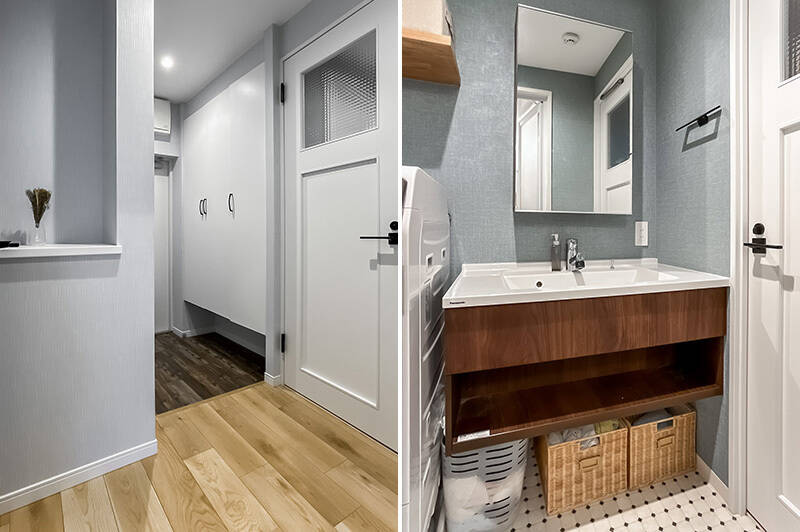 <b>左・</b>廊下も統一感のある内装。ニッチには季節の飾りなどしたいトコロ♪ 右手のドアの先が水まわりです。／<b>右・</b>洗面室は床のタイル貼りのデザインが可愛らしい♡