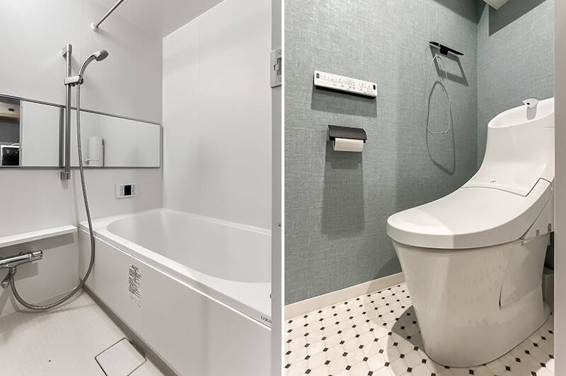 <b>左・</b>換気乾燥機付きの浴室。／<b>右・</b>洗面室からアクセスするトイレ。こちらも洗面室とお揃いの壁クロスと床タイルを採用しています。