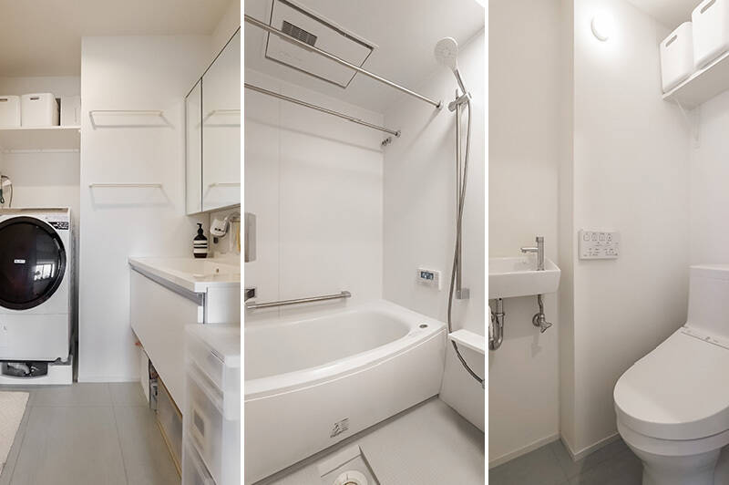 <p><b><b>左・</b></b>キッチン横の引き戸を開けると洗面室が。リネン収納などを置ける余白もあって使いやすそうです。／<b><b>中央・</b></b>バスルームは1317サイズ。／<b><b>右・</b></b>手洗い器付きのトイレは玄関側に独立しています。</p>