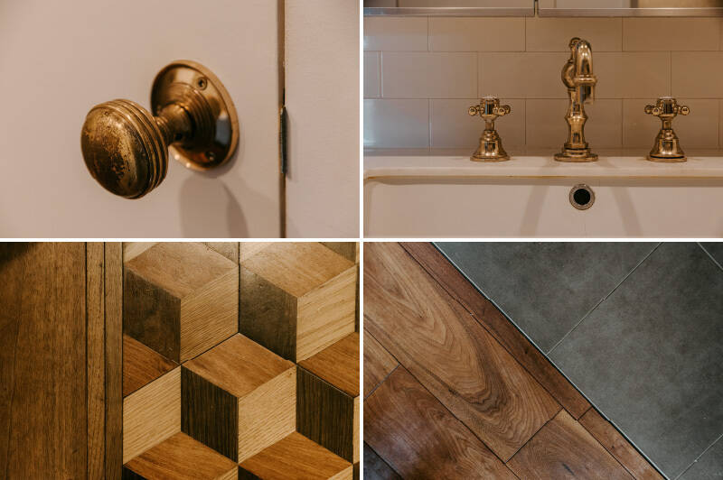 <b>左上・</b>トイレ扉の真鍮製の握り玉。／<b>右上・</b>洗面蛇口。／<b>左下・</b>寄木細工の洗面床。シートじゃないんですよ！／<b>右下・</b>ウォルナット材の無垢フローリングとキッチンのタイル。