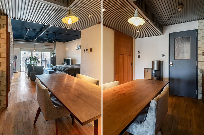 壁付けキッチンは空間効率のよさが魅力。背面には４人掛けのダイニングテーブルを置けます。