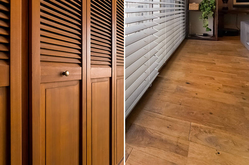 <b>左・</b>木製のルーバー扉。スリムなので開閉にスペースを取らない点も◎／<b>右・</b>床には足ざわりのよい無垢材を用いています。ちょっとした日焼けもまた愛らしい。