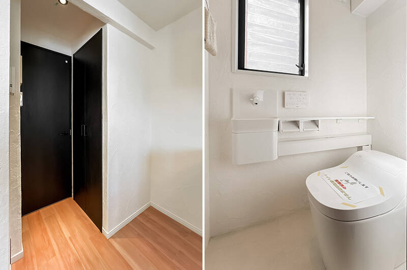 <b>左・</b>右手の戸の中は収納、左の戸の先はトイレ。／<b>右・</b>トイレには手洗い器と窓が備わっています。