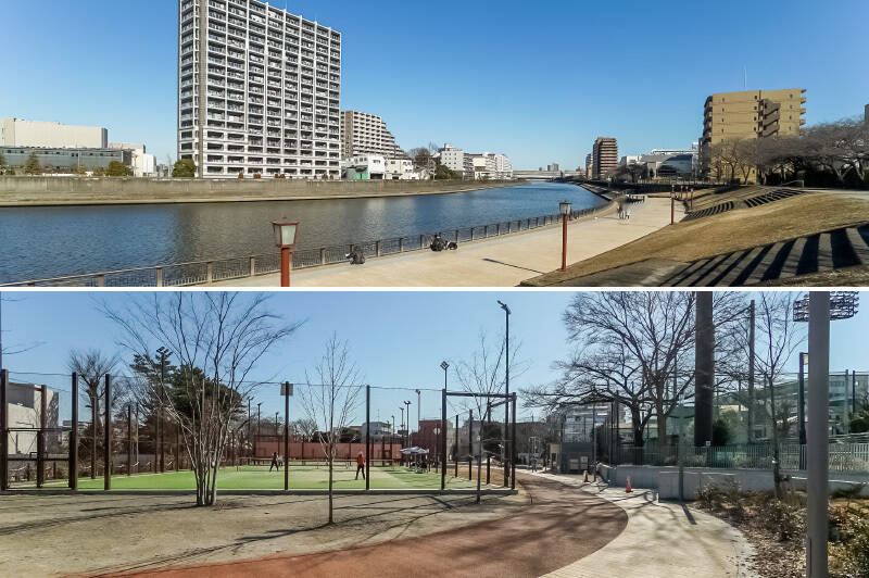 お散歩や運動ならココ！「新河岸川」沿いにある「小豆沢河岸広場」（上・徒歩11分）とテニスやバスケットコートなどが整備された「小豆沢公園」（下・徒歩４分）にもご注目を。