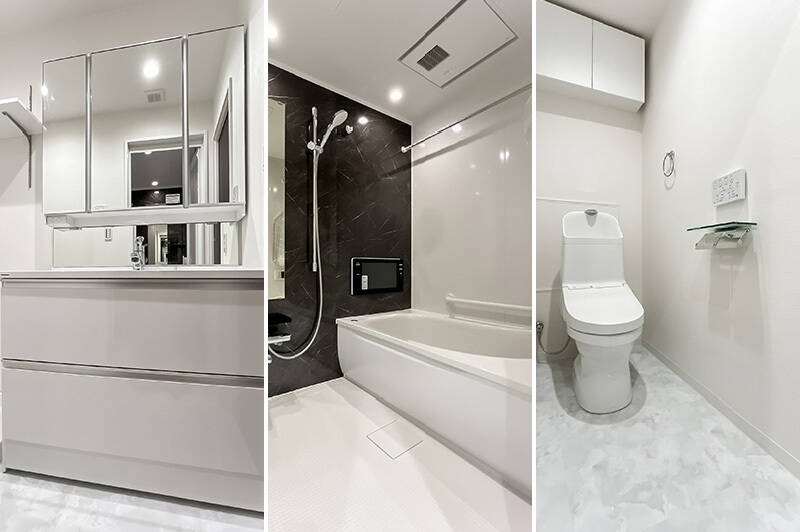 シックな雰囲気と清潔感を纏う水まわりの面々。浴室は1418サイズとゆとりがあります◎