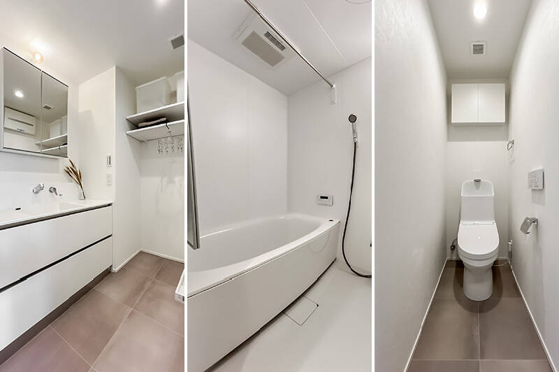洗面室・トイレには廊下からアクセス。浴室のサイズは1418、乾燥機付きです。