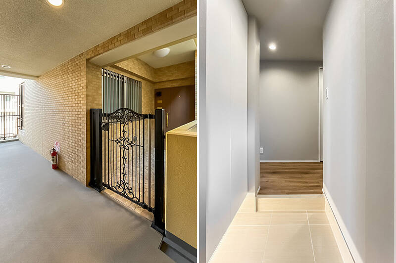 <b><b>左・</b></b>住戸の所在は４階。玄関ドアの手前に広々としたエスコートポーチ付きで、プライベート感があります。柵のデザインもいいですね〜。／<b><b>右・</b></b>足元を照らす間接照明が上品な玄関土間。廊下スペースは最小限で、居住スペースにゆとりを持たせた効率的な間取りと言えそうです。