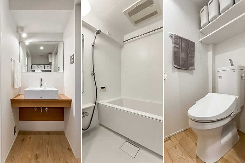 <b>左・</b>浮遊感のある洗面台。お好きな収納家具を使って整頓できますよ。／<b>中央・</b>浴室乾燥機付きのバスルーム。／<b>右・</b>可動棚付きのトイレ。