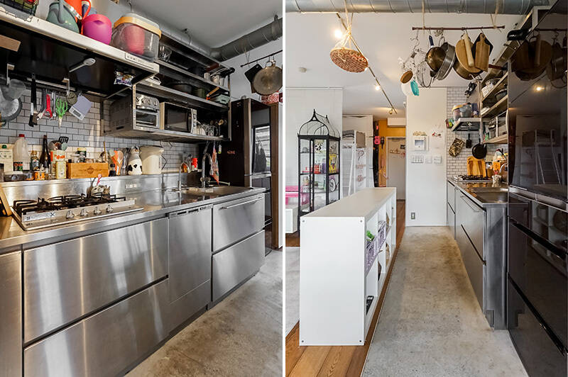 <b>左・</b>４口コンロと食洗機を備えたステンレスキッチン。壁際に調味料などを置けるカウンターがあるのはうれしいポイント。／<b>右・</b>キッチンスペースにはお手入れのしやすい床材を採用しています。