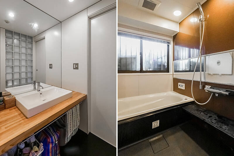 <b>左・</b>壁いっぱいのミラーが印象的な洗面化粧台。／<b>右・</b>バスルームには換気ができる窓付きです。
