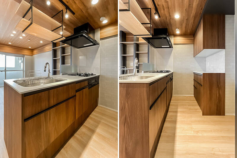 天井部分の素材が切り替わっていて、雰囲気のあるキッチン。食洗機、そして食器棚もしっかり備わっています。