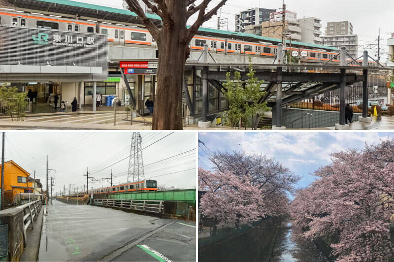 <b>上・</b>最寄りはJR武蔵野線・埼玉高速鉄道線「東川口」駅（徒歩13分）。埼玉高速鉄道線は東京メトロ南北線に乗り入れています。／<b>左下・</b>駅からマンションまではJRの線路沿いをまっすぐ。／<b>右下・</b>伝右川沿いの桜並木の遊歩道。遊具のある広い公園が隣接していて、家族でお花見が楽しめるそうですよ♪（徒歩３分）