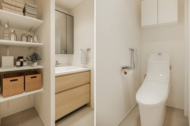洗面台はキッチン同様カウカモプロデュース仕様。トイレには洗面室からアクセスします。