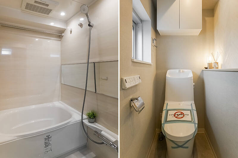 <b>左・</b>ユニットバスは浴室暖房乾燥機付きです。／<b>右・</b>洗濯機置き場の向かいにあるドアを開けると、窓とカウンター付きのトイレがあります。