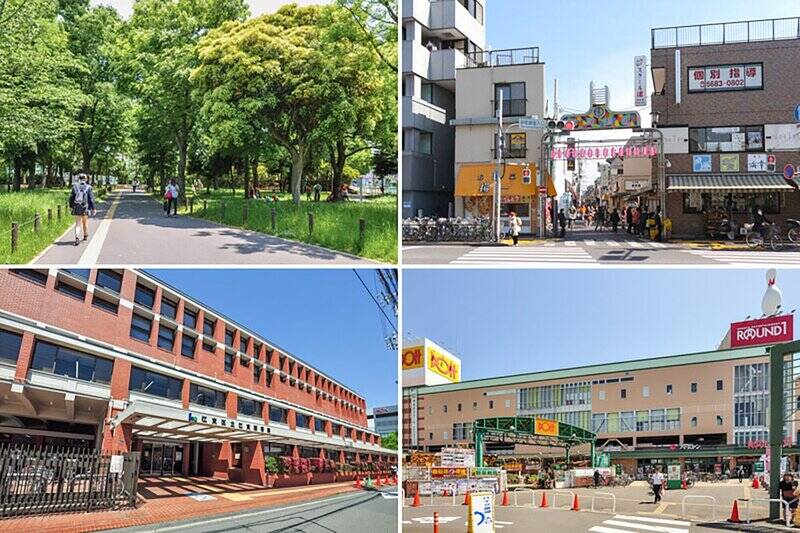 <b>左上・</b>最寄りは東京メトロ東西線「南砂町」駅（徒歩12分）。改札を出ると「南砂三丁目公園」があり、物件周辺にも複数の公園や緑道がある自然豊かな環境です。／<b>右上・</b>メディアでの露出も盛んな、活気ある「砂町銀座商店街」が生活圏内に。（徒歩７分）／<b>左下・</b>大人向けの書籍やお子さまの絵本が借りられるだけでなく、おはなし会・映画会・おたのしみ会など、イベントが豊富な「江東図書館」。（徒歩９分）／<b>右下・</b>買い物や食事はもちろん、ボウリングやダーツ、カラオケまで楽しめる大型ショッピングセンター「トピレックプラザ」。（徒歩10分）