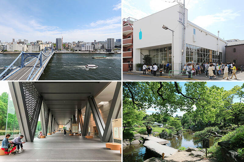 <b>左上・</b>重要文化財に指定されている「清洲橋」（徒歩10分）／<b>右上・</b>清澄白河にフラッグシップカフェを構える「ブルーボトルコーヒー」（徒歩10分）／<b>左下・</b>日本最大規模の現代美術の展示会場として知られる「東京都現代美術館（MOT）」（徒歩15分）／<b>右下・</b>伝統的な造園が見られる「清澄庭園」（徒歩６分）<br>