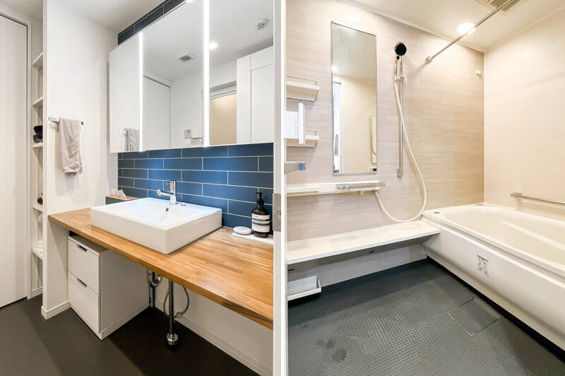 <b>左・</b>ホテルライクな洗面カウンター。洗濯機置き場は左手の折れ戸の中です。／<b>右・</b>ゆったり1418サイズの浴室は換気乾燥機付きです。