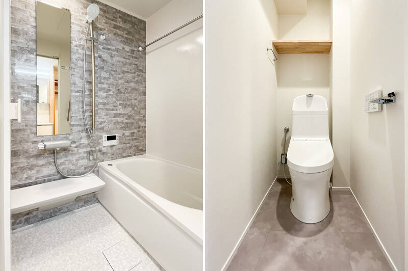 <b>右・</b>浴室は乾燥機付きの1216サイズ。／<b>左・</b>トイレは洗面室の向かいにあります。