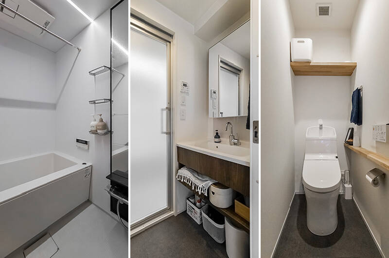 <b>左・</b>浴室乾燥機付きのバスルーム。調光機能も完備。／<b>中央・</b>脱衣スペースは必要最小限。／<b>右・</b>飾り棚付きのトイレ。