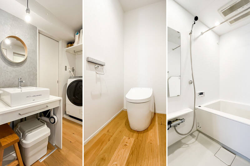 <b>左・</b>丸い鏡がかわいい洗面台。／<b>中央・</b>スッキリとしたタンクレストイレ。棚はDIYなどで取り付けてもよさそう。／<b>右・</b>浴室乾燥機付きのバスルーム。