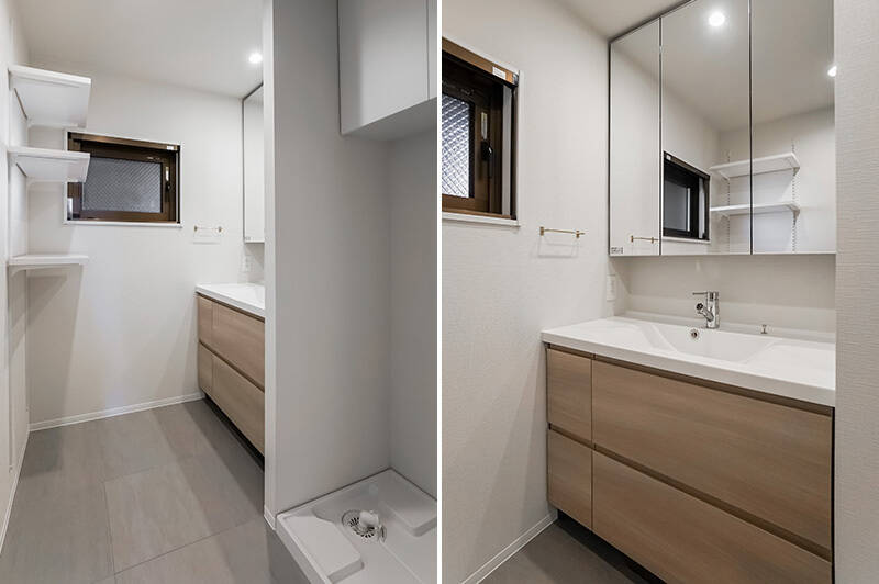 <b>左・</b>可動棚付きの洗面室。換気ができる窓がうれしい♪／<b>右・</b>洗面台はキッチン同様、カウカモオリジナル仕様。三面鏡と下部の収納力＆無駄のないスッキリとしたデザインが特徴です。