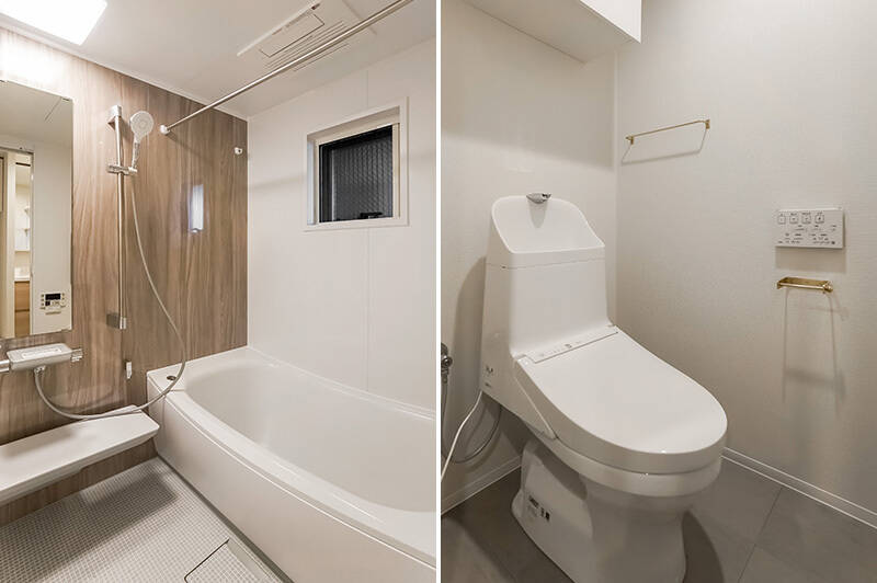 <b>左・</b>木調のアクセントパネルが貼られた浴室。むむ、こちらも窓アリ。／<b>右・</b>トイレは玄関近くに。