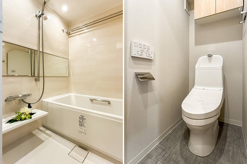 <b>左・</b>ゆったり1416サイズの浴室は追い炊き機能付き。／<b>右・</b>吊り戸棚付きのシンプルなトイレ。