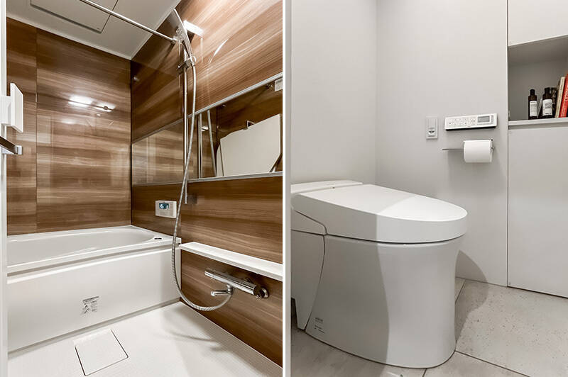 <b><b>左・</b></b>ゆとりのある1416サイズの浴室。／<b><b>右・</b></b>トイレはタンクレスタイプを採用。手が届く位置に扉付きの収納＆ニッチがあるっていいですね。