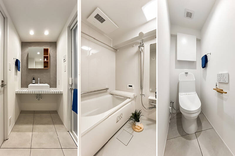 居室と同じタイルや左官材を使用することで、住まい全体に統一感が生まれています（拍手！）。浴室は1317サイズのちゃんとくつろげるタイプ。