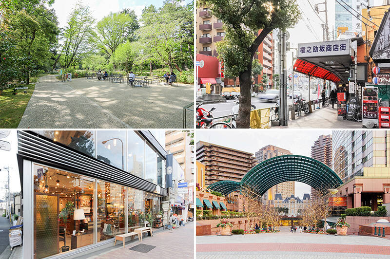 <b>左上・</b>緑豊かな「東京都庭園美術館 」。（徒歩５分）／<b>右上・</b>飲食店が軒を連ねる「権之助商店街」。（徒歩９分）／<b>左下・</b>家具屋さんが軒を連ねる通称 “目黒インテリアストリート”（徒歩15分）／<b>右下・</b>複合商業施設「恵比寿ガーデンプレイス」だって徒歩圏内です！（徒歩15分）