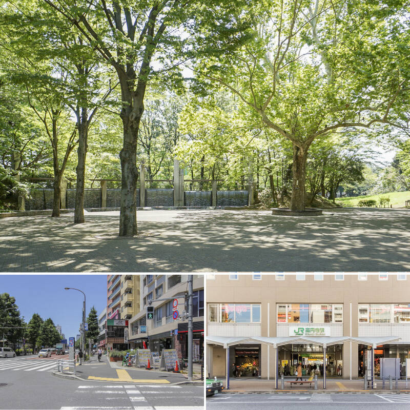 <b>上・</b>大人も子どもも伸び伸び体を動かせる「蚕糸の森公園」が徒歩５分の場所に。豊かな自然や水辺のせせらぎに癒されます。／<b>左下・</b>最寄りは東京メトロ丸の内線「東高円寺」駅。（徒歩10分）／<b>右下・</b>個性豊かなスポットが軒を連ねる「高円寺」もテリトリー。お散歩がてらお店をチェックしましょ。