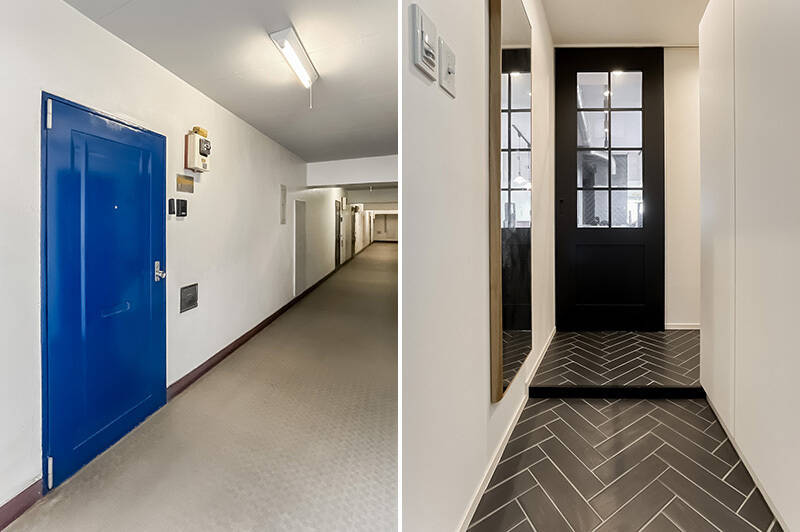 共用廊下は内廊下式。青い扉を開けると、ヘリンボーン貼りのタイル床がお出迎え！ リビングドアからは明るい光を感じます。
