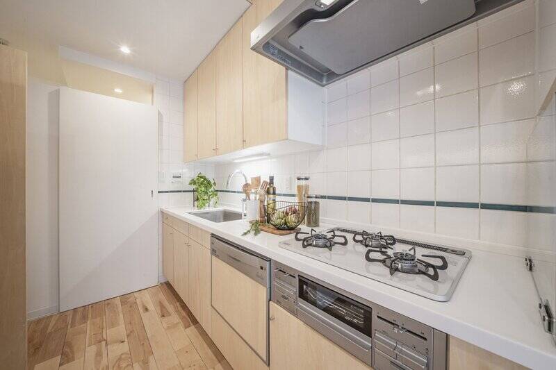 キッチンは食洗機付き。壁面のタイルがなんだかレトロで可愛い。