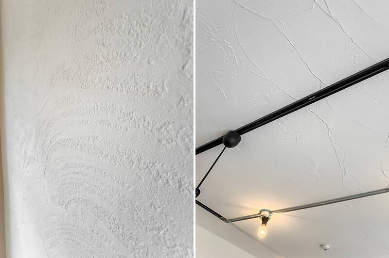 玄関〜LDKの壁と天井は吸湿・消臭効果のある珪藻土の塗装壁。ざらっとした仕上がりがラフな印象です。