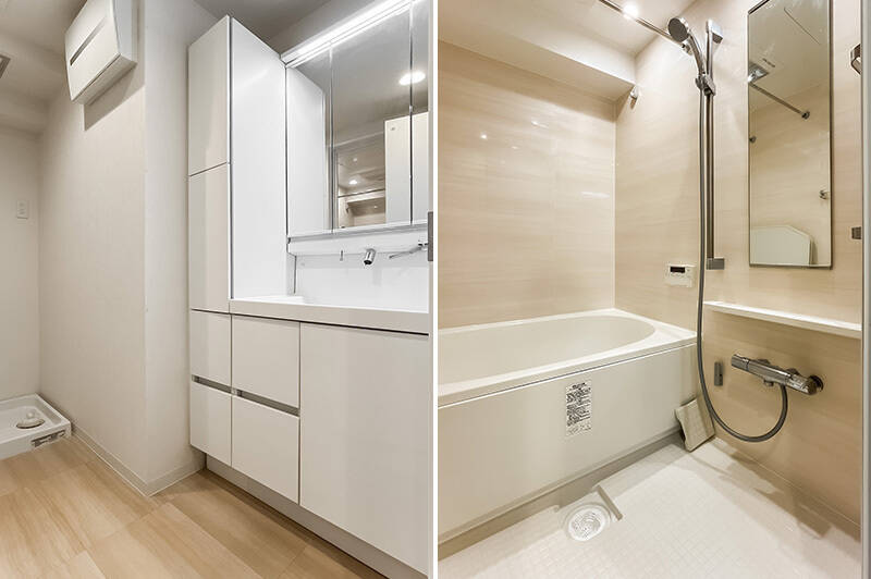 <b>左・</b>トールサイズのリネン庫が頼もしい洗面室。むむ、これはお手入れのしやすいタイプの水栓ですね〜◎／<b>右・</b>浴室は追い焚き機能、換気乾燥暖房機能付きです。