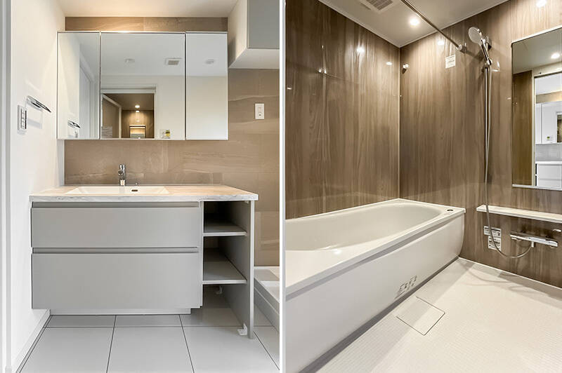 <b>左・</b>洗面台はカウンターが広めです。／<b>右・</b>木目調のユニットバス。浴室換気乾燥暖房機付きです。
