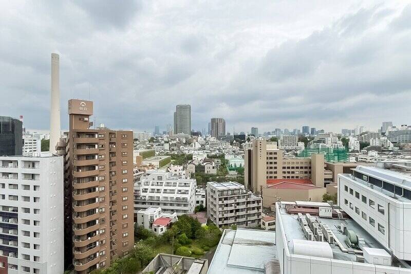バルコニーからの眺め。こちらも空が広々見えます！ 取材当日は少し霞んでしまっていますが、<b>「東京タワー」</b>が正面に見えますよ♪