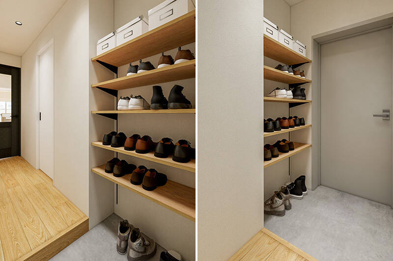 下足入れはオープンタイプの可動棚を採用。お持ちの靴の量に合わせてカスタマイズしてくださいね。