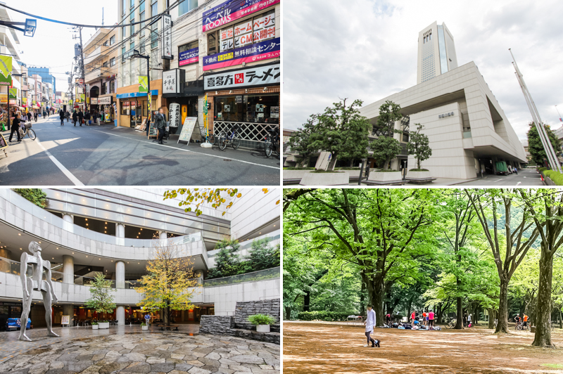 <b>左上・</b>物件の所在する、南口の商店街はこんな感じ。飲食店やドラッグストアが立ち並び、暮らしに便利そうです。／<b>右上・</b>中央口のほうには、街のシンボル「新国立劇場」がドーン。（徒歩３分）／<b>左下・</b>東口には文化複合施設「東京オペラシティ」も。ショップやレストラン、ギャラリーなどが集まっています。（徒歩３分）／<b>右下・</b>バルコニーから見えた「代々木公園」までは（徒歩15分）。ペットのお散歩コースとして重宝しそうですね。