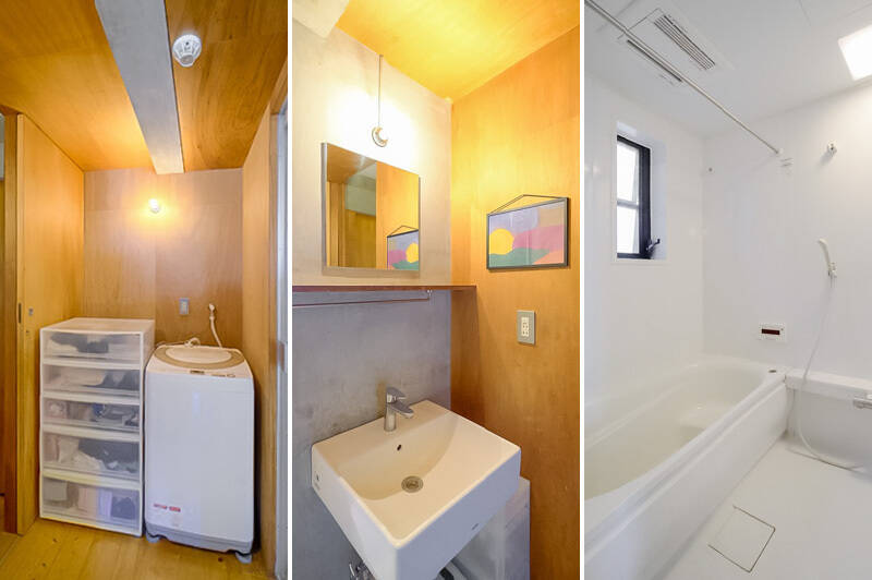 <p><b>左と中央・</b>洗面室。ちなみに廊下とLDKからアクセスできます。／<b>右・</b>浴室。窓のほか、浴室換気乾燥機・追い焚き機能が備わっています。</p>