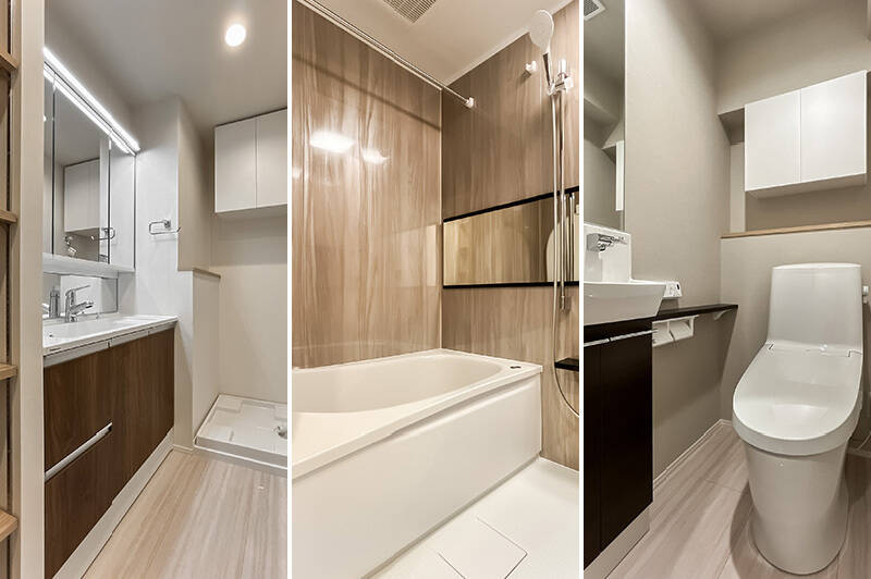 <b>左・</b>奥行き深めの洗面室。手前には可動棚が備わっています。／<b>中央・</b>木調パネルで統一感のある浴室。／<b>右・</b>トイレは手洗いカウンターと吊り戸棚付き。