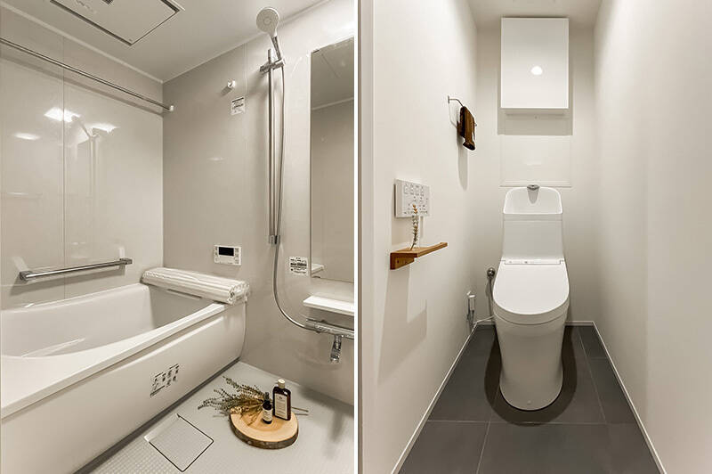 <b>左・</b>1418サイズとゆとりのある浴室。／<b>右・</b>シンプルなトイレ。