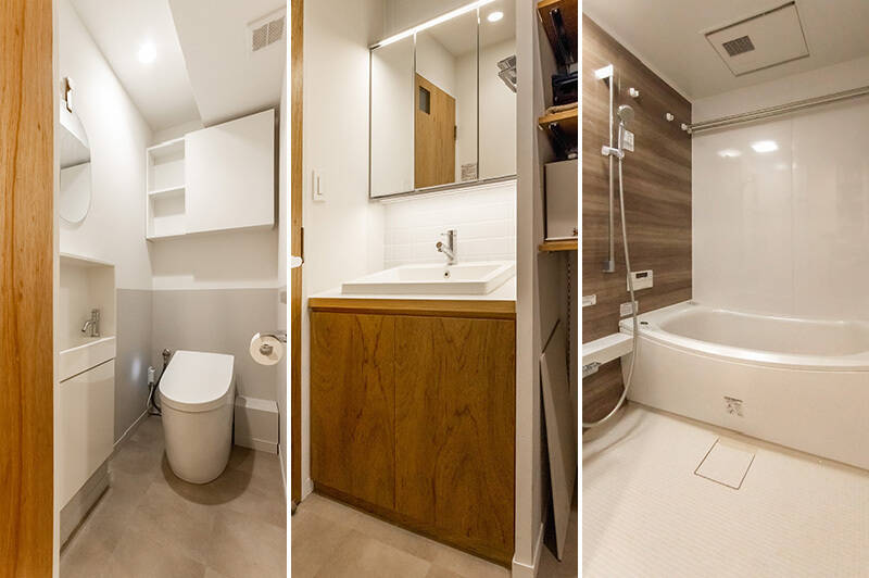 <b>左・</b>スッキリとしたタンクレストイレ。壁もツートンカラーで素敵！／<b>中央・</b>造作棚やさりげないホワイトタイルが可愛い洗面台。／<b>右・</b>1416サイズの浴室。