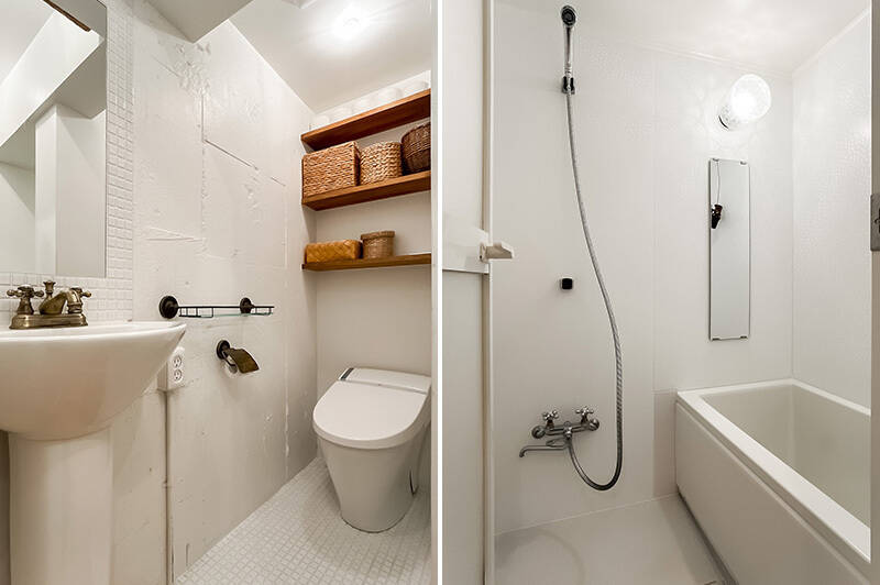洗面脱衣室とトイレが一体型になった造り。ユニットバスはシンプルですが、照明が可愛い。