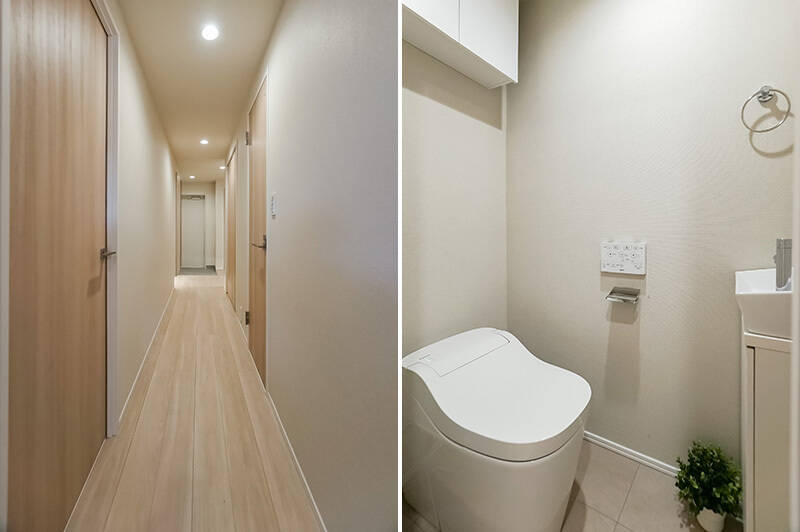 <b>左・</b>LDKを背に玄関を見たカット。左手前に洋室Ｂ、右側に水まわりと洋室Ｃが並んでいます。廊下収納も備わっていますよ。／<b>右・</b>トイレは小さな手洗い器付きです。