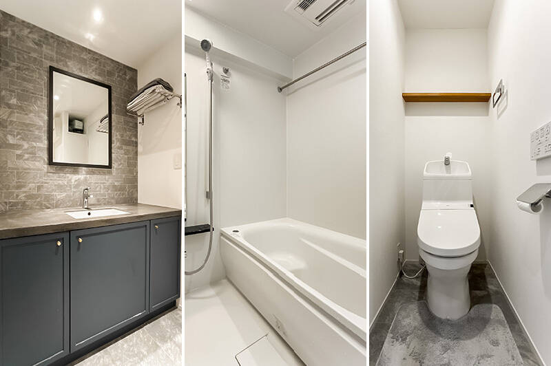 <b>左・</b>グレーのタイル貼りの壁に黒縁のミラーがお似合いな脱衣室。キッチン同様、造作された一点モノです。／<b>中央・</b>バスルームは白でまとめられ、スッキリとした印象。浴室乾燥機能と追い炊き機能が付いています。／<b>右・</b>トイレも白基調で清潔感がありますね。