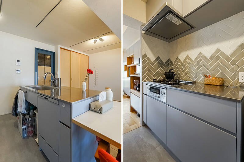 <b>左・</b>うれしい食洗機とタッチレス水栓付きのキッチン。／<b>右・</b>ヘリンボーン貼りされたタイルがアクセント。