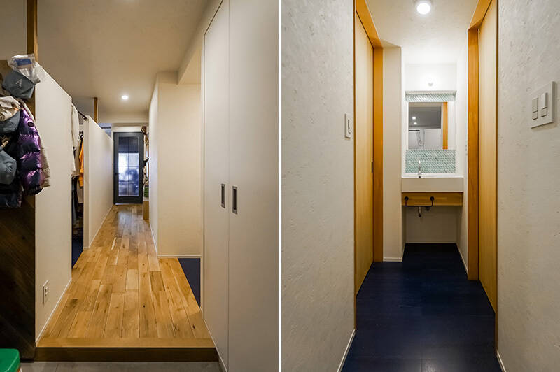 <b>左・</b>続いて玄関側からパシャリ。左手の壁は上部がスコンと抜けていて、住戸全体が繋がりを感じる設計になっています。玄関を上がった右手には……／<b>右・</b>可愛らしい手洗いカウンターが。右手がトイレ、左手が洗面脱衣室への扉です。